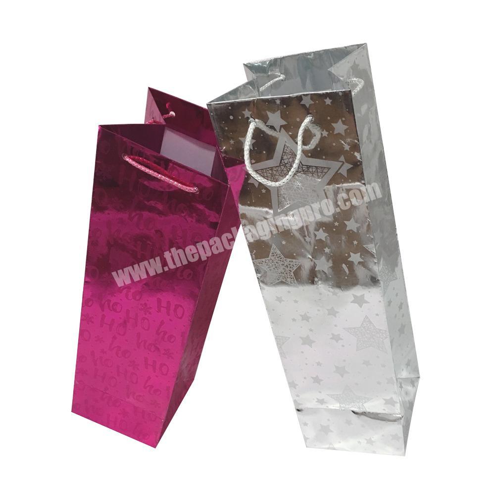 Luxury Holographic shiny laser film laminated single wine bottle gift block bottom paper drawstring bag