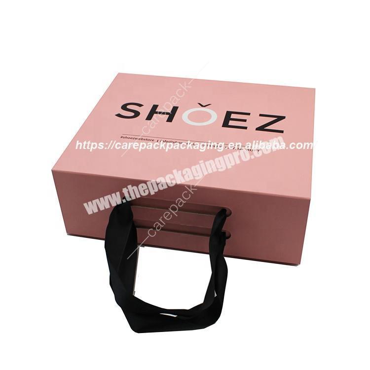 Luxury Pink Custom Folding Cardboard Heels Shoes Gift Packaging Boxes with Ribbon Handle