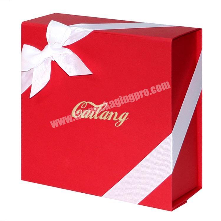 Luxury pink rigid red folding gift box foldable box with ribbon packaging paper box with handle ribbon