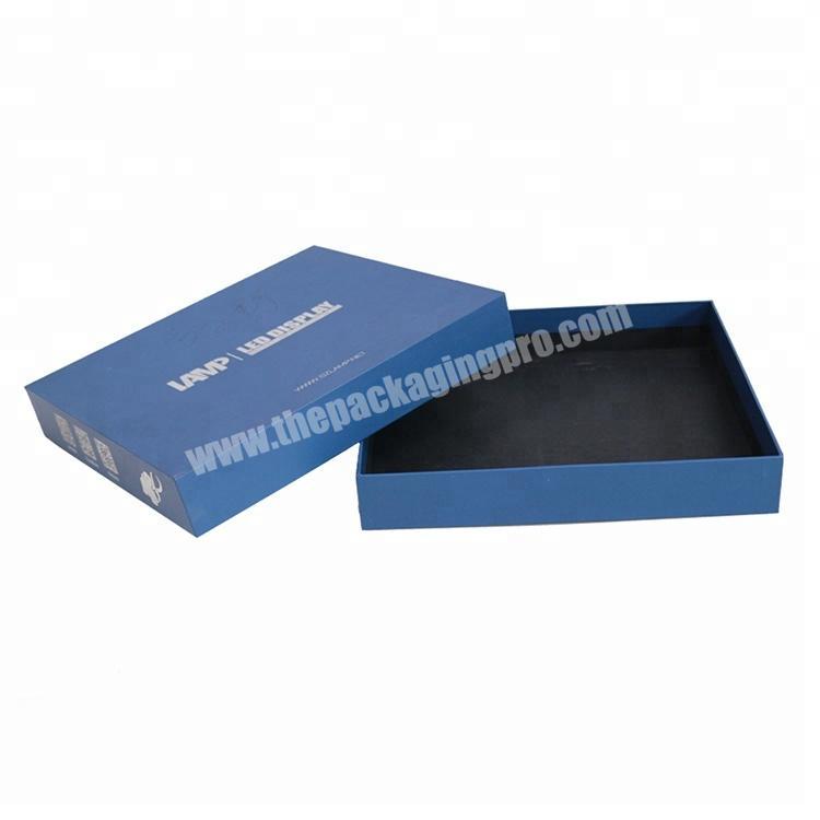Luxury recycled paper blue gift custom silver foil logo lid and bottom rigid cardboard box packaging
