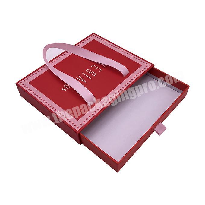luxury red color clothes box packaging for swimwear ,jewelry drawer box with ribbon handle