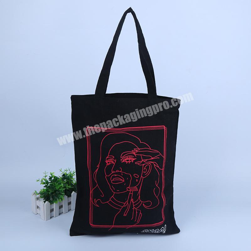 Luxury reusable 100% eco black canvas bag with red logo print