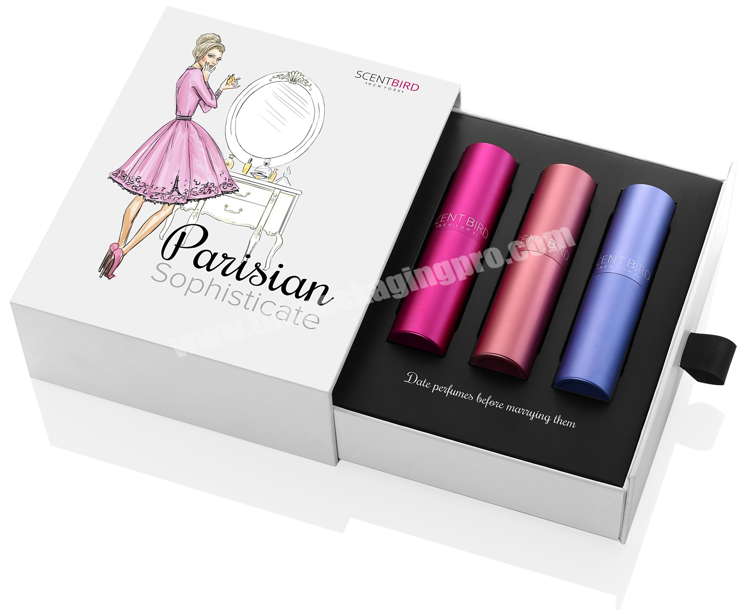 Luxury rigid paper slide drawer gift packaging box white custom perfume bottle box