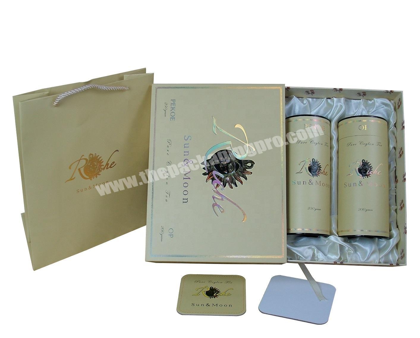 Luxury Sliding Drawer Gift Box for Packing Two Tea Paper Cardboard Composite Kraft Tubes with Carry Bag