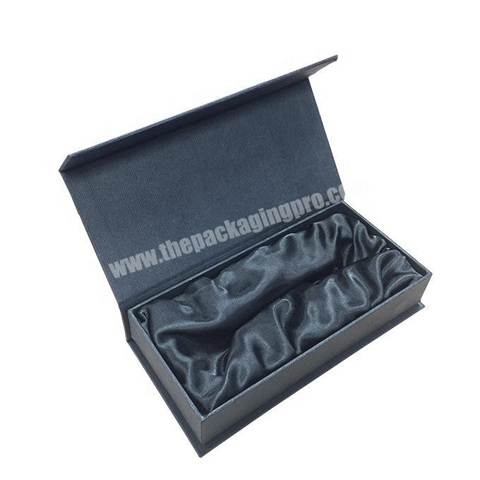 Luxury small black fancy magnetic flip top gift box cosmetics packaging with silk satin insert