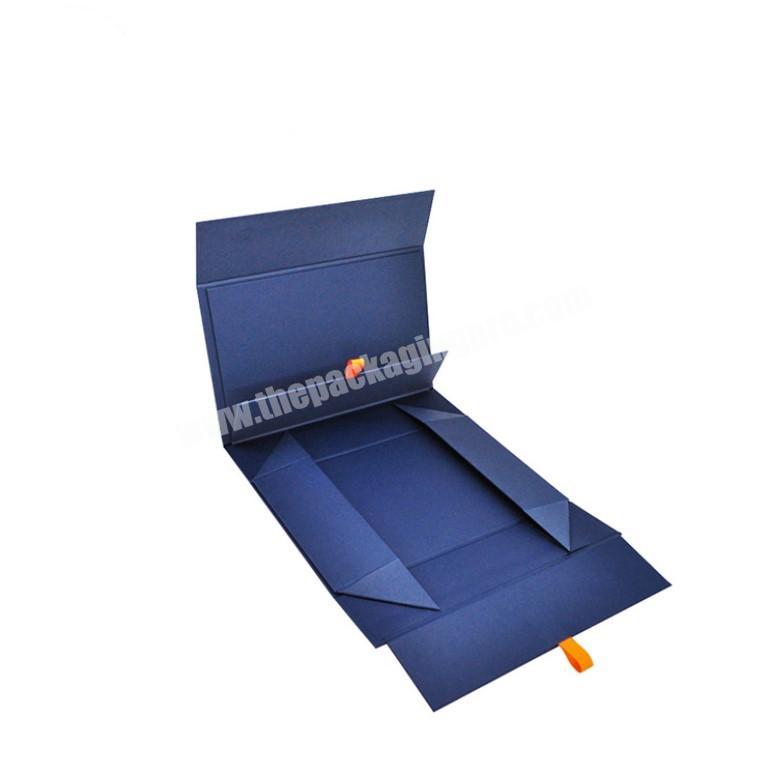 Luxury square blue foldable magnetic closure gift cardboard paper boxes with ribbon tie