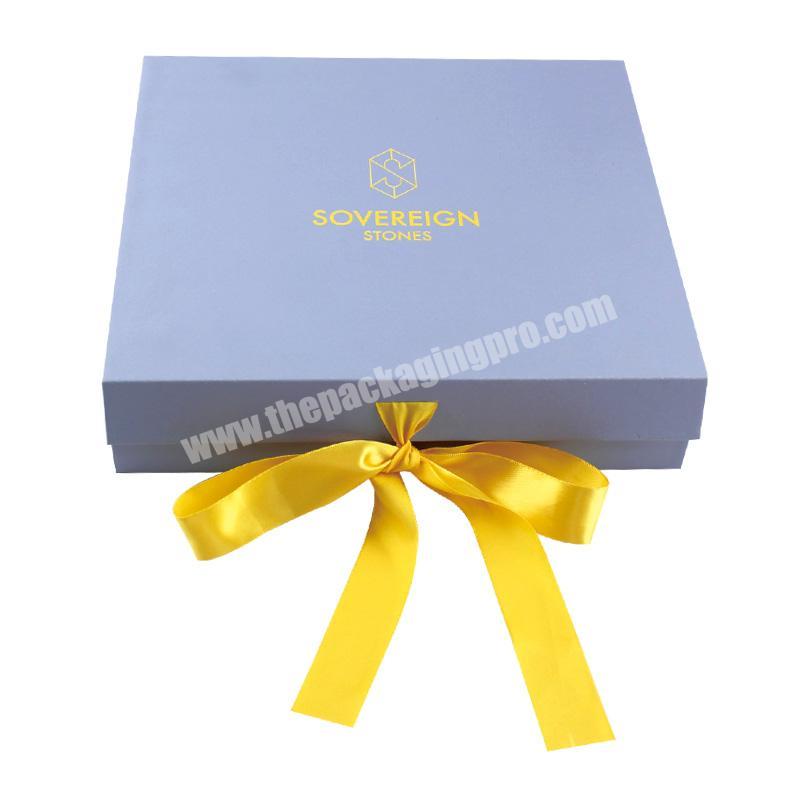 Magnet Closure Top Quality Custom Blue Cardboard Jewelry Gift Box With Golden Ribbon