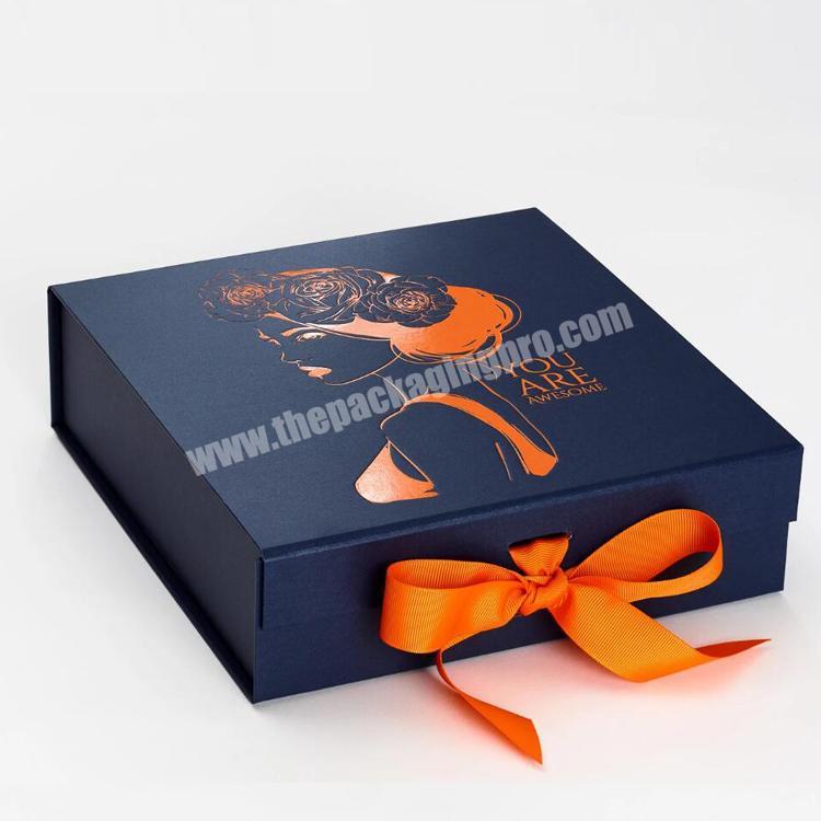 Magnetic folding navy blue gift recycled paper box packaging for hair extension