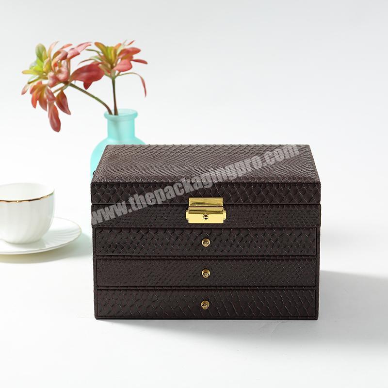 Makeup jewelry case box organizer drawer storge case PU leather Travel Portable Jewelry display Box with mental lock