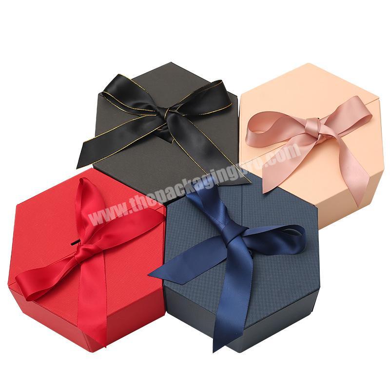Manufacturer High-end Hexagon Shape Pink Packaging Cardboard Box with Ribbon for DIY Surprise Wedding Gift
