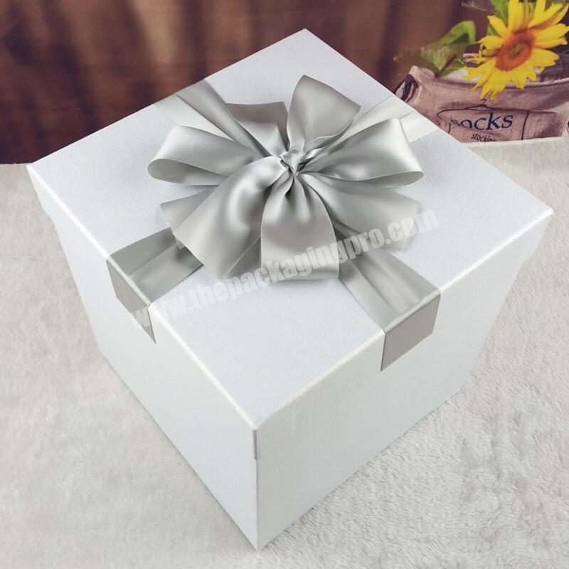 Manufacturer High Quality Rigid Square Shape Ribbon White Cardboard  Gift Packaging Box with Supercapacity