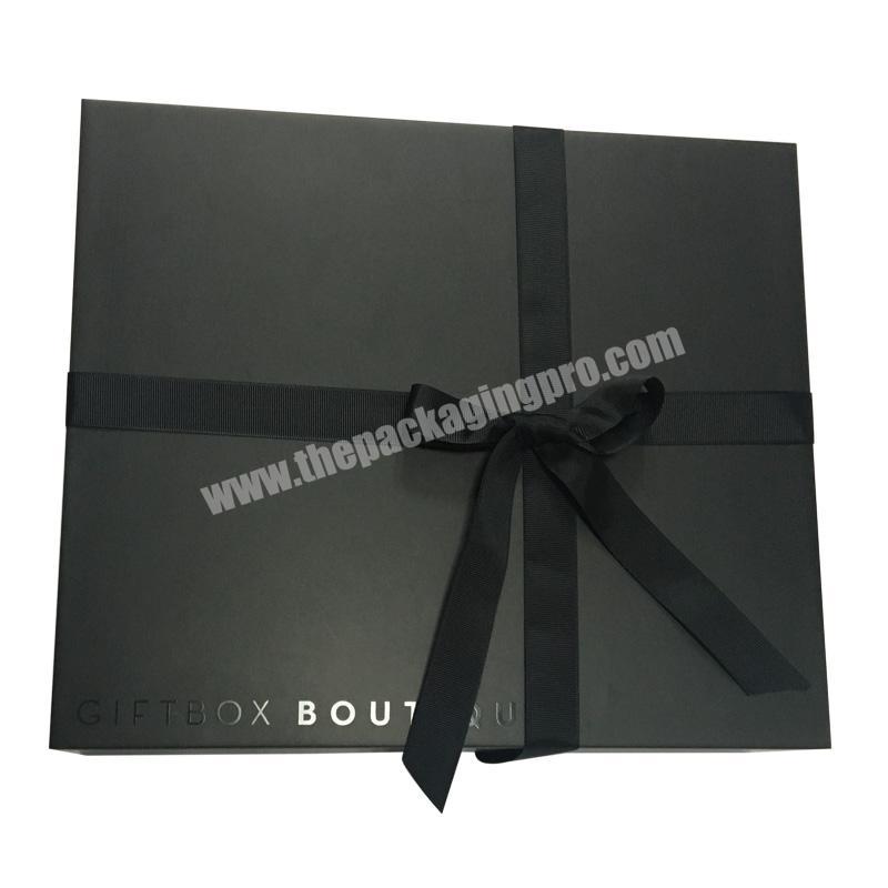 Matt Black Cardboard Foldable Gift Box With Black Ribbon Spot Glossy Logo
