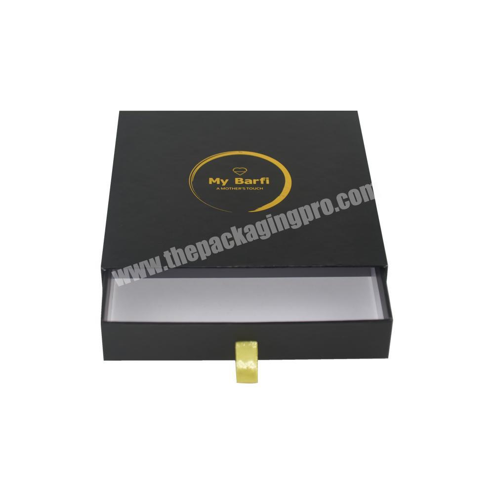 Matt Black OEM logo rigid drawer type gift cardboard box packaging , Sliding open box with gold foil logo