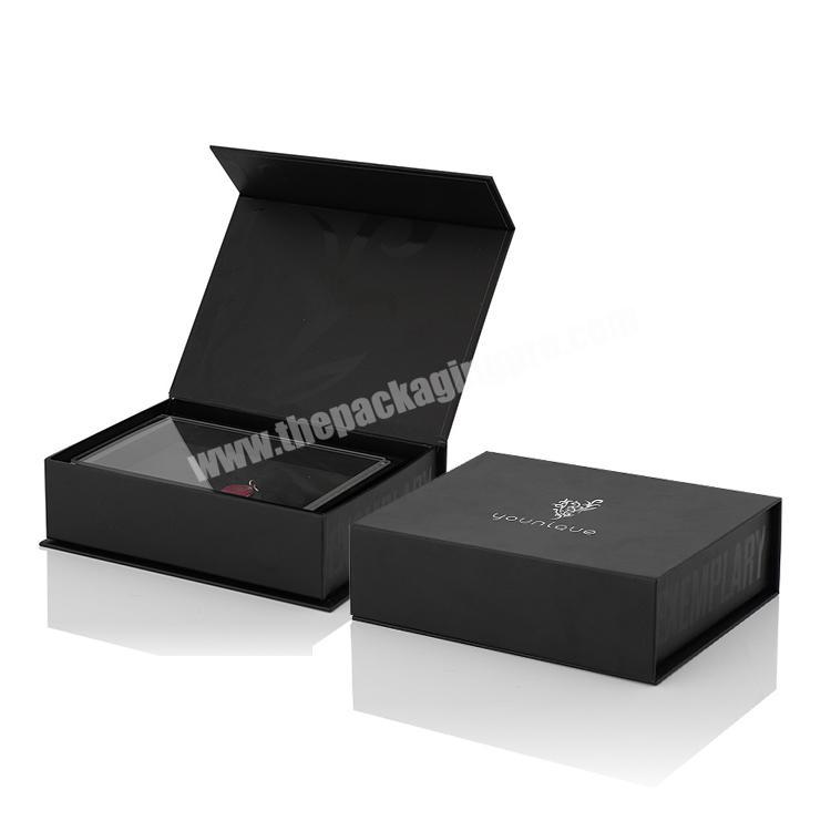 Matte black custom logo printed cardboard folding magnetic gift box with ribbon