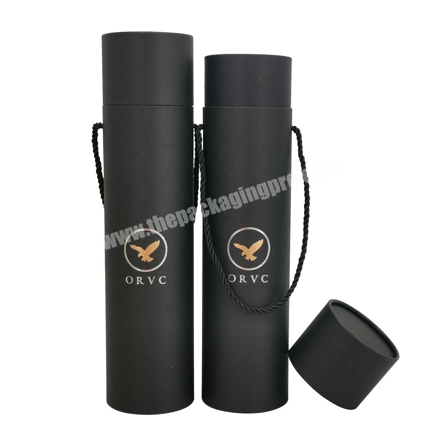 Matte Black Fancy Paper Coated Round Packaging Tube Box for Wine Bottle with Black Rope