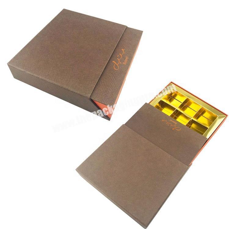 Middle East people's favourite gold luxury embossing pattern drawer shape chocolate packaging box with gold paper compartment