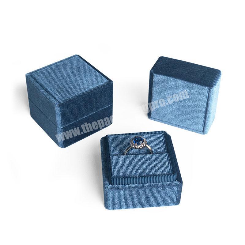 Navy Blue Velvet Octagon Jewellery Double Ring Box