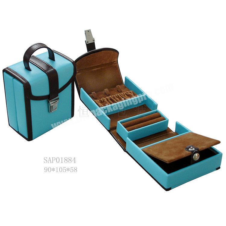 new design Customs logo travel jewelry case, blue PU leather velvet small leather organizer pro table jewelry box
