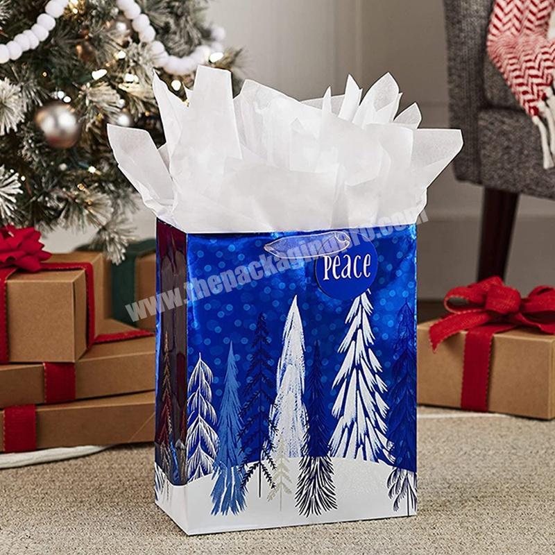 New Style Custom Logo Durable Glitter Christmas Paper Gift Bags With PP Rope Handles
