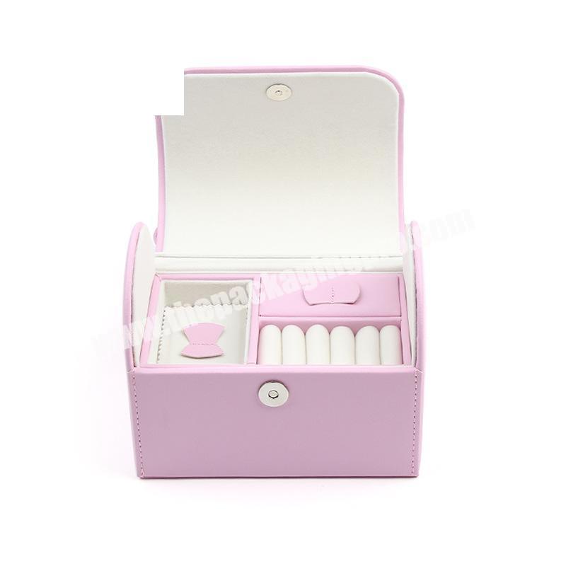 Oem custom Double-deck pu leather luxury jewelry packaging gift box wholesale pink storage display box with handle