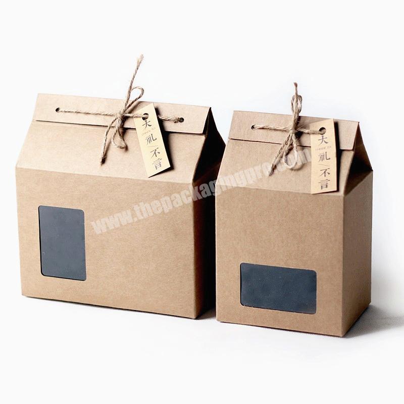OEM Factory Thick brown kraft paper folding gift box with rectangular window lace up with hemp rope