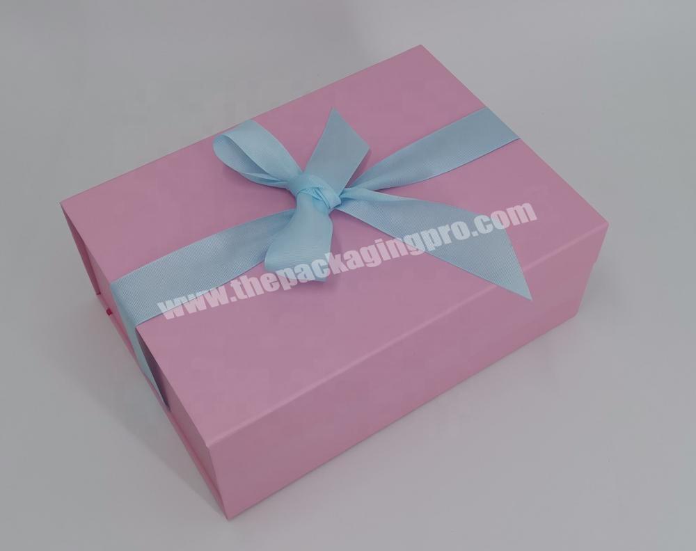 OEM Logo Flat Packaging Folding Pink Cardboard Gift Magnetic Closure Box With Ribbon