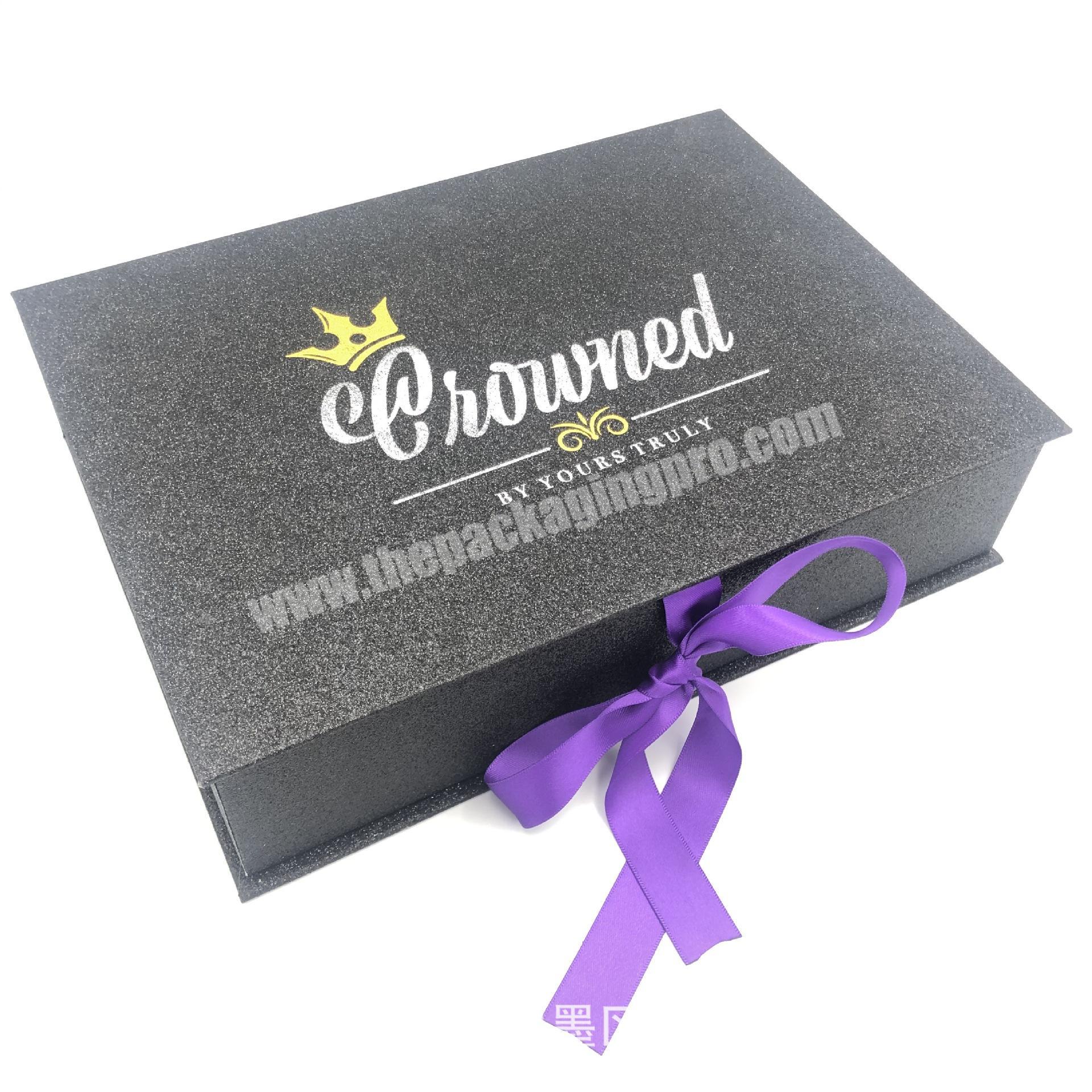OEM Welcome Sliver Foil  Logo Print Polyester Fabric EVA Insert Hair Bundle Box Packing Magnetic With Purple Ribbon