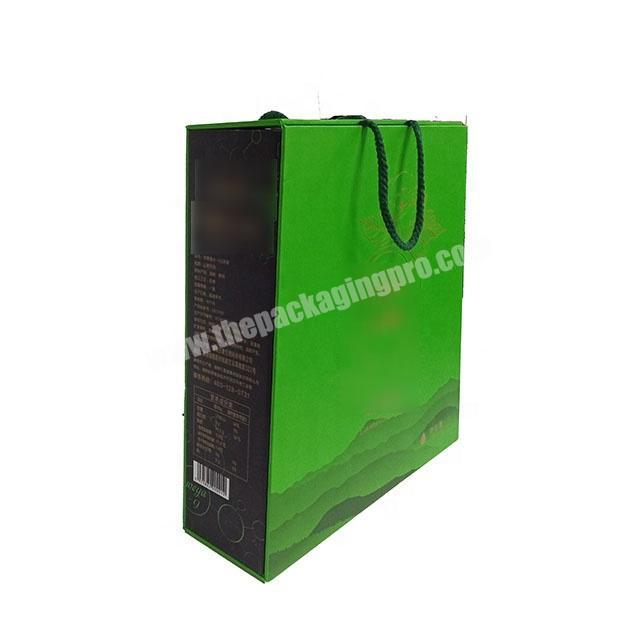 paperboard green packaging wine presentation gable bag boxes with handle for 2 bottles