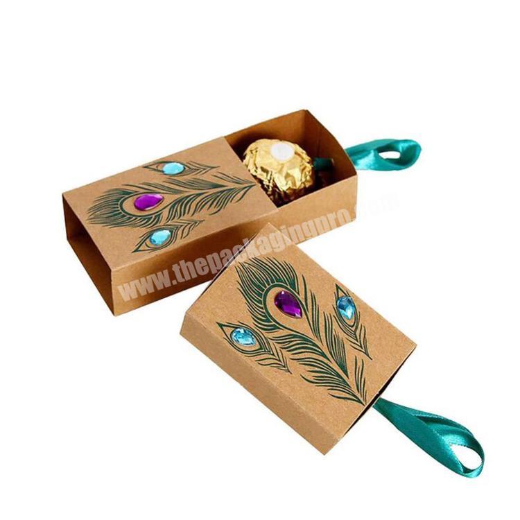 Peacock Feather Kraft Paper Gift Boxes Candy small Boxes Drawer Design Wedding Favors Faux Rhinestone