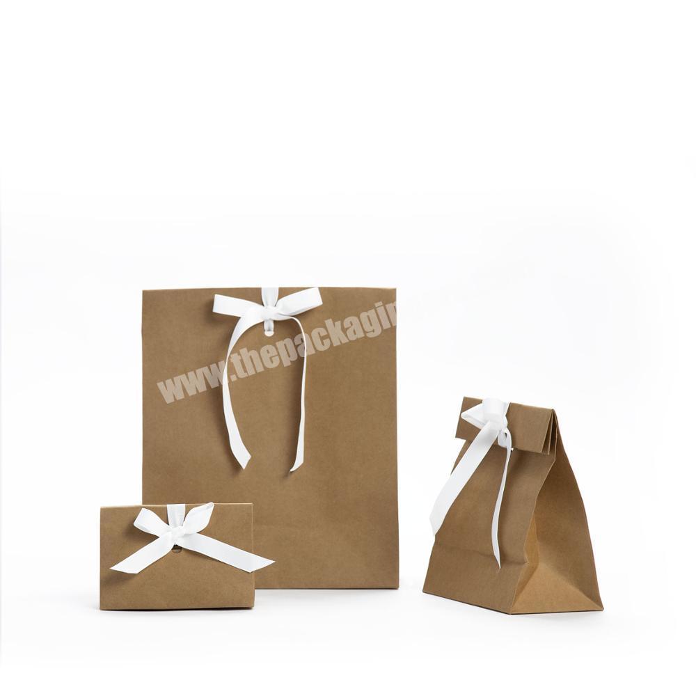 Personalized craft brown kraft paper gift bag with ribbon closure