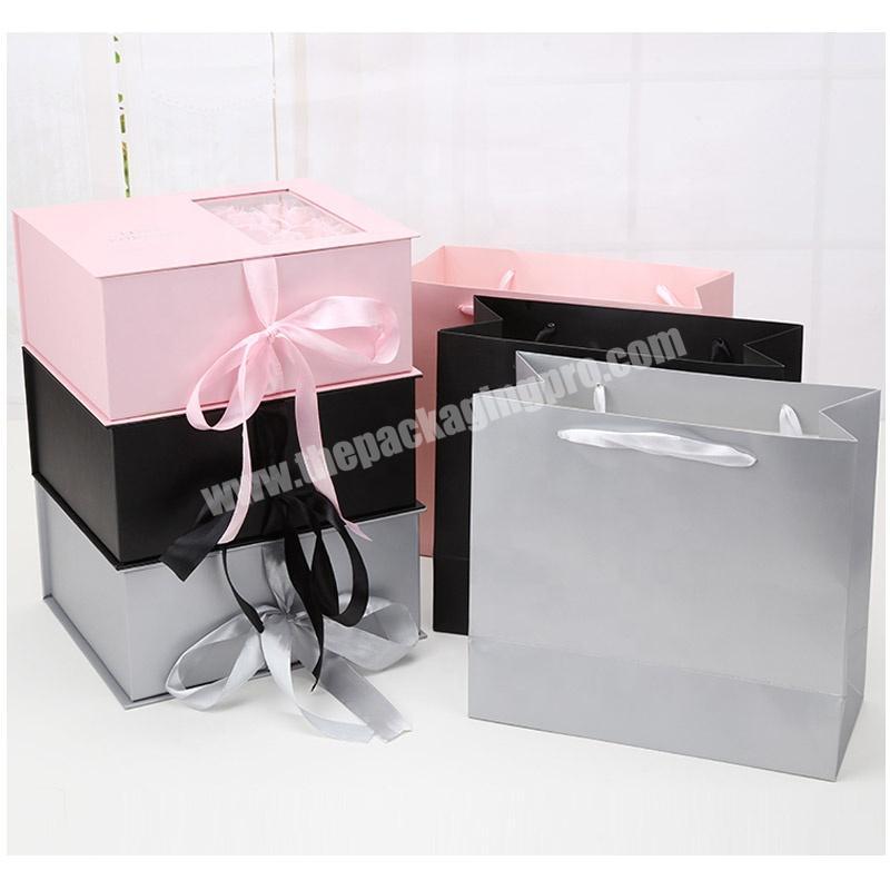 Pink black gray rectangle folding flower magnetic ribbon gift box