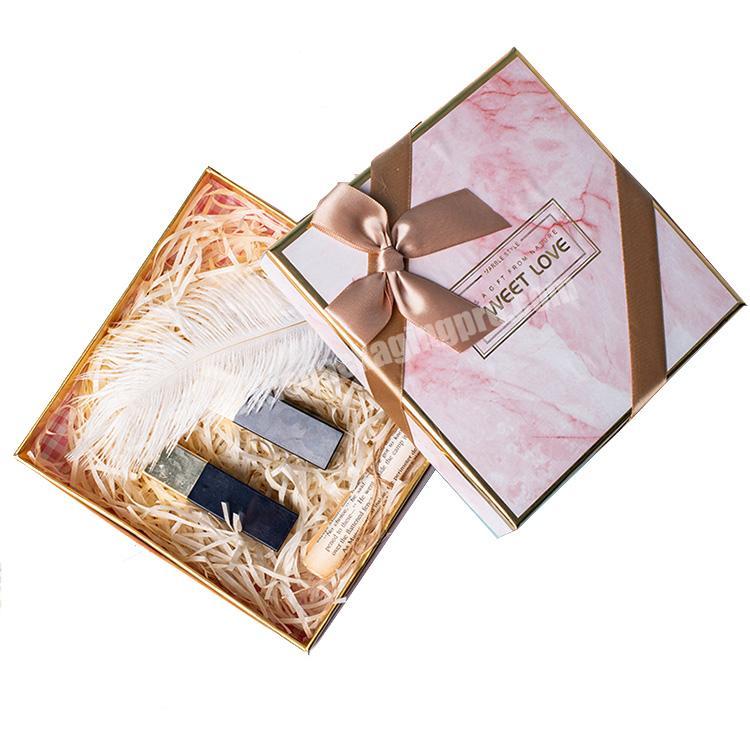 pink marble rigid invitation box wedding paper gift packaging square paper  box with ribbon lid