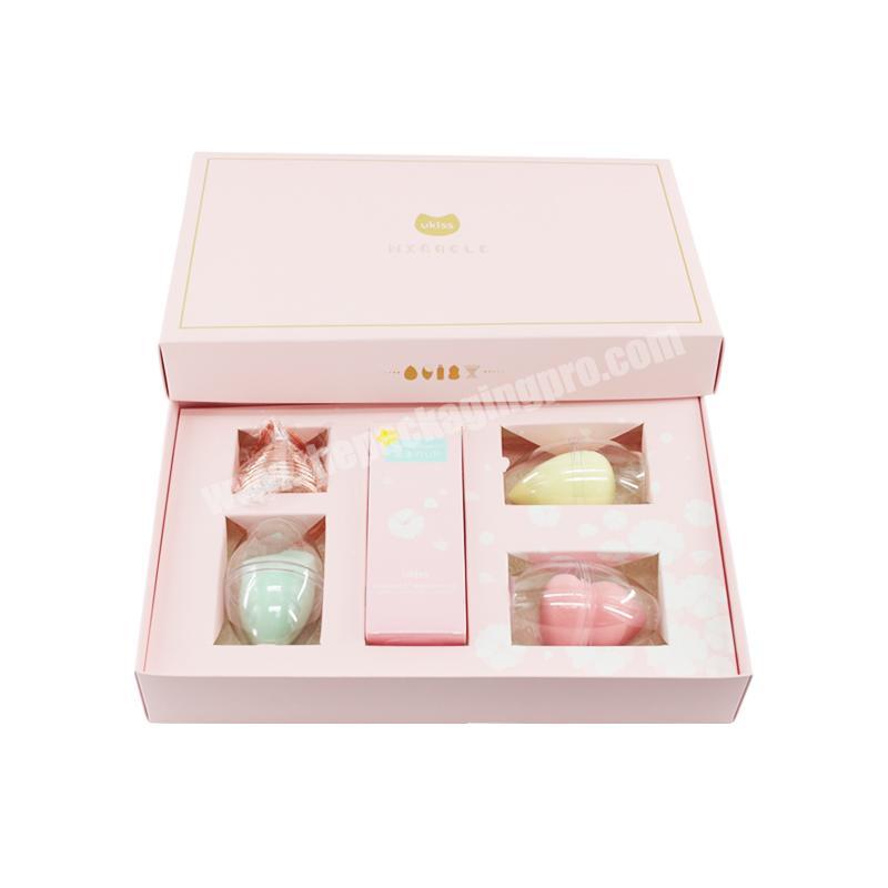 Pink Paper lid and base box packaging powder puff  set with divider
