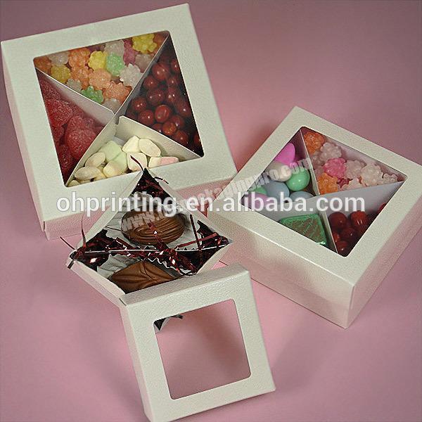 Premium embossed set-up candy boxes with view-top lids and divider inserts