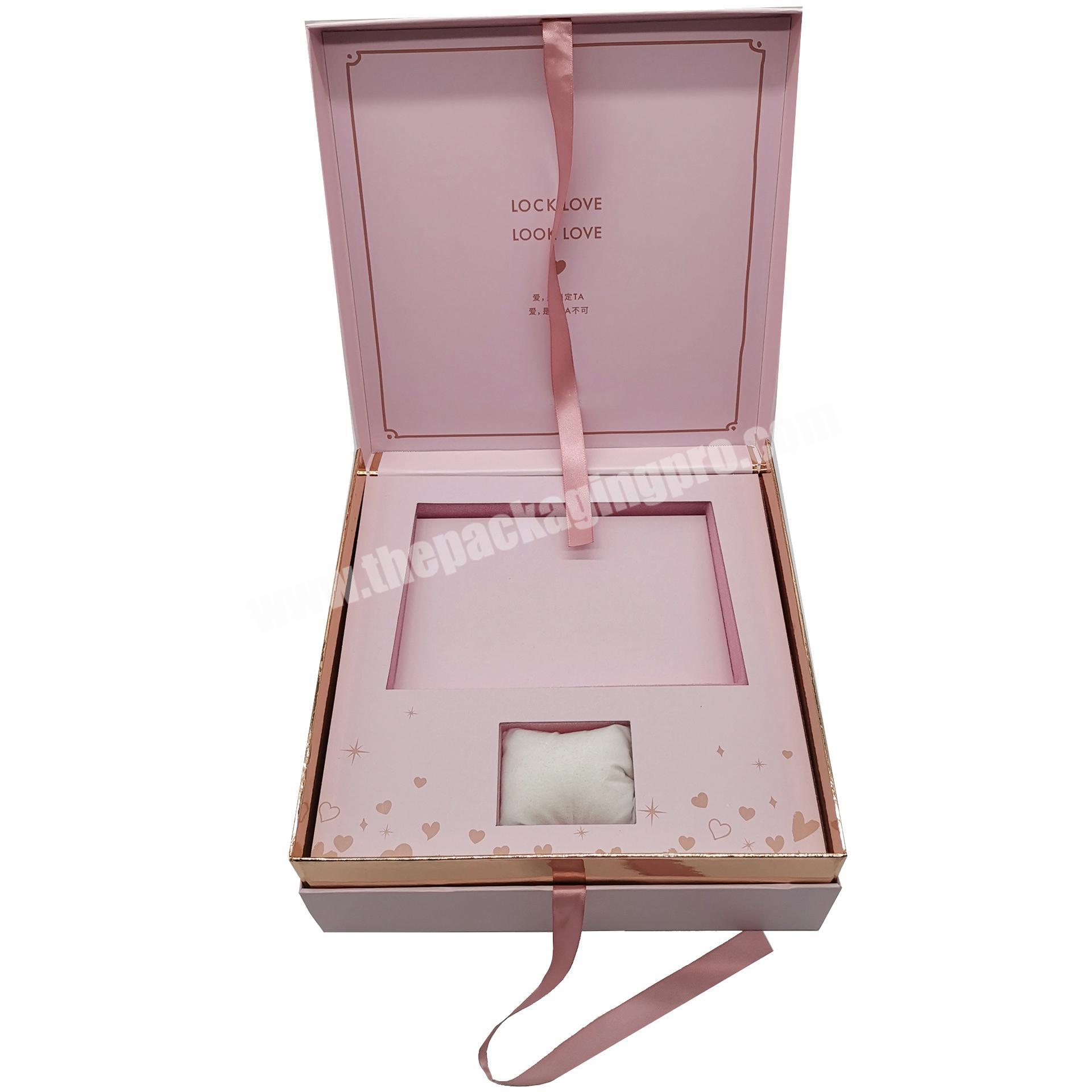 Presentation custom containers lid hinged paperboard pink printed rigid box
