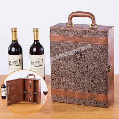 Pu leather Embossing Wholesale New Design MDF Custom Luxury  2 Bottles Packaging Wooden Wine Box