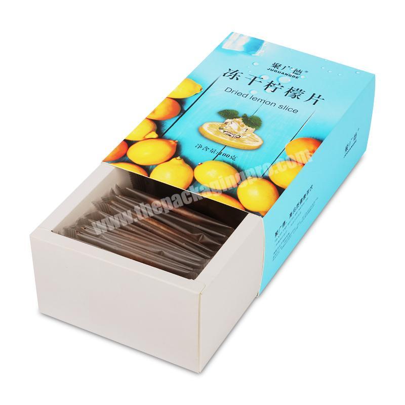pull out sliding drawer shape dried lemon slice snacks printing paper blue packaging box