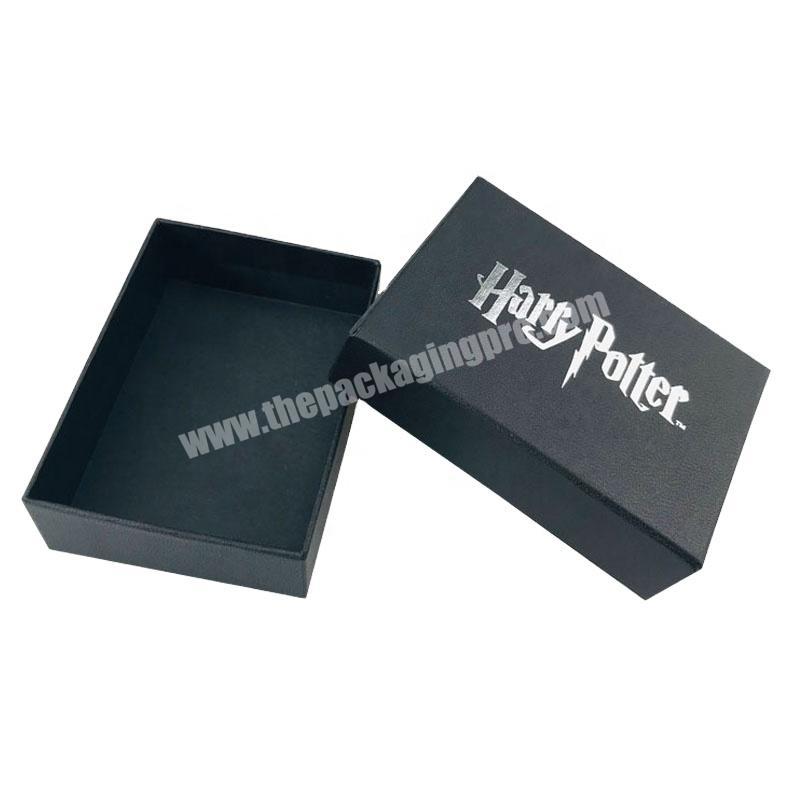 Rectangle leatherette paper top and bottom black gift box with silver logo