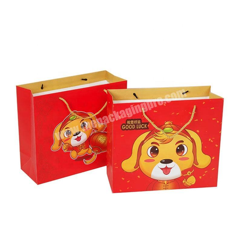 Recyclable Custom Print Cartoon Pattern Design Kids Plush Toy Gift Packaging Red Paper Bag Children Shopping Bag