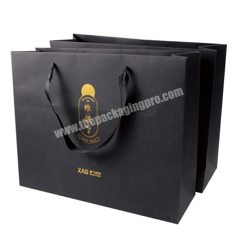 Recyclable Luxury Style Shopping White Texture Paper Bag, Custom Black Logo UV Printed Craft White Paper Bag with Ribbon Handle