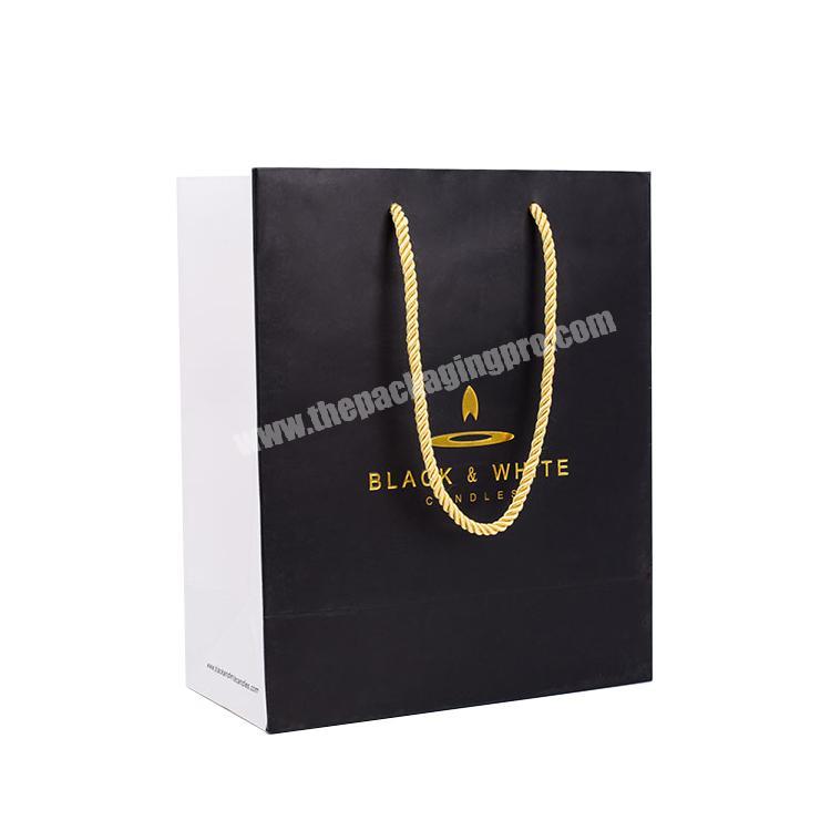 Retail Matt Paper Material Black Handle Paper Bags With Gold Logo Embossed