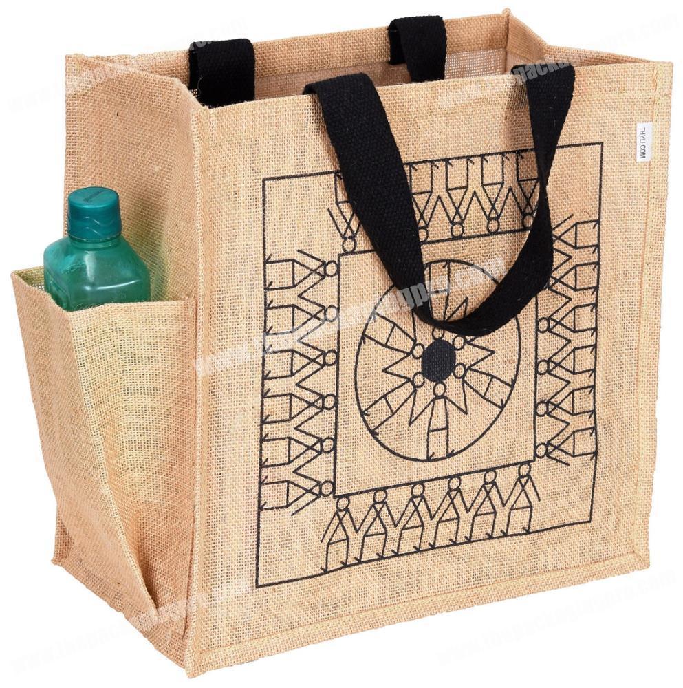 Reusable Jute Hessian Shopping Grocery Tote Bag with pocket