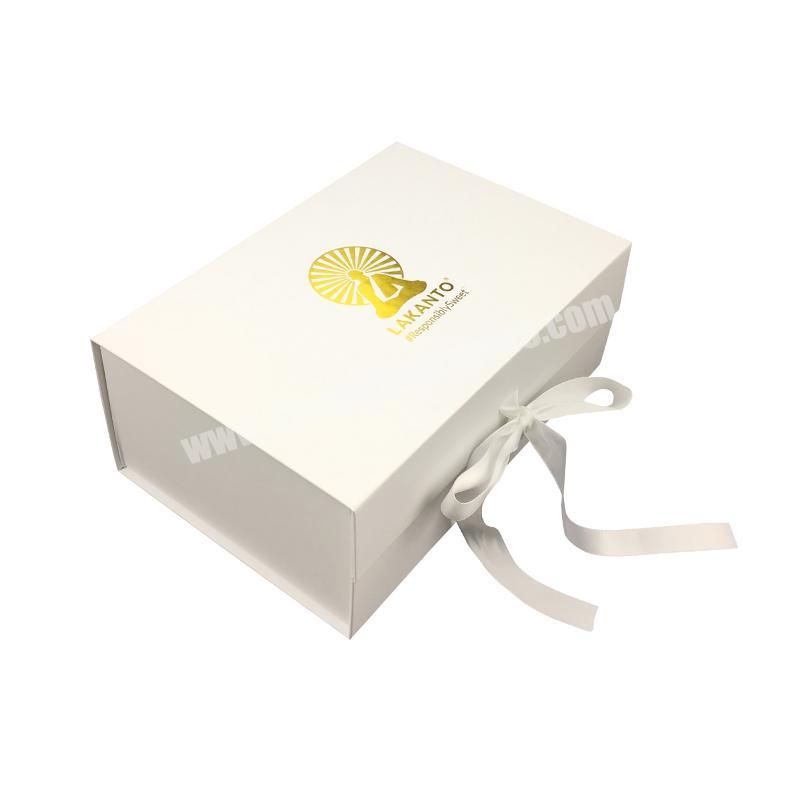 Ribbon Closure Flip Open Cardboard White Gift Box Custom with Gold Foil Logo