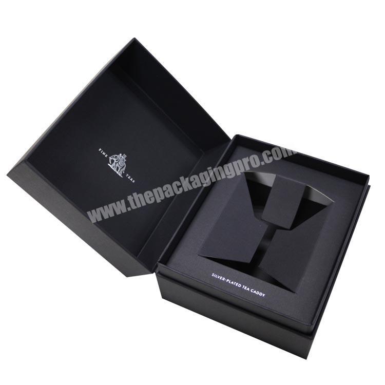 Rigid black card box packaging with interior tray gift box custom paper box packaging