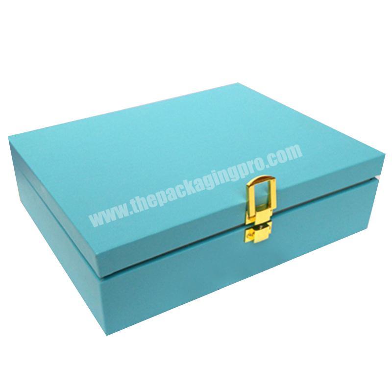 Rigid high quality storage cyan printed packing beige velvet lining gift presentation paperboard clamshell box