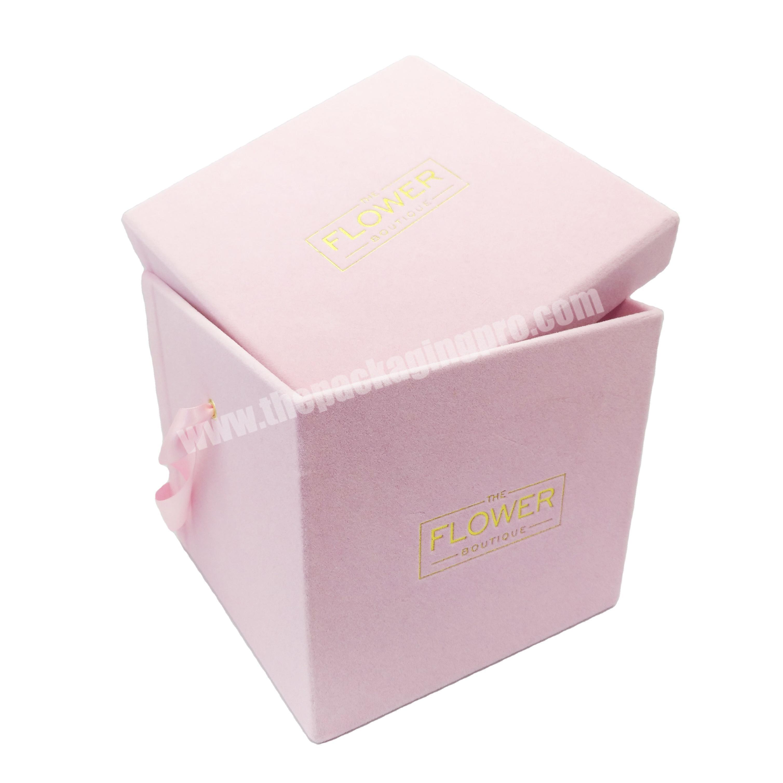 Rigid lid and base portable velvet pink paperboard packaging package box
