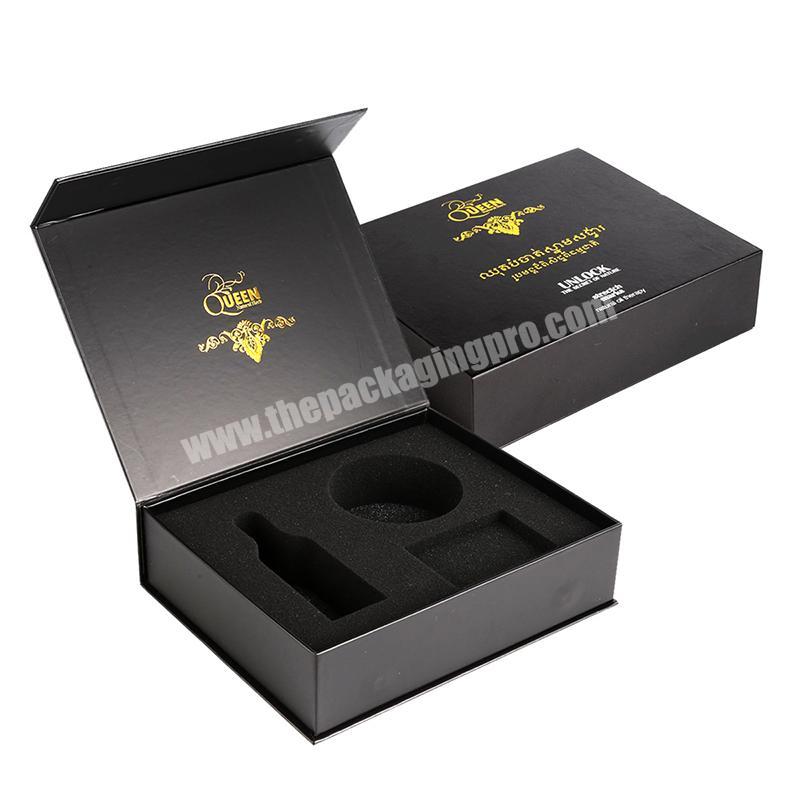 Rigid paper  magnetic black gift boxes with sponge inside product packaging