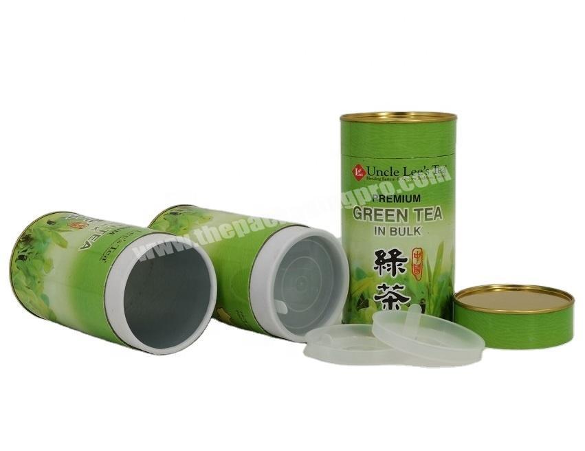 Rolled Edge Green Tea Packaging Paper Cans with Gold Tin Lid and Plastic Lid Inside