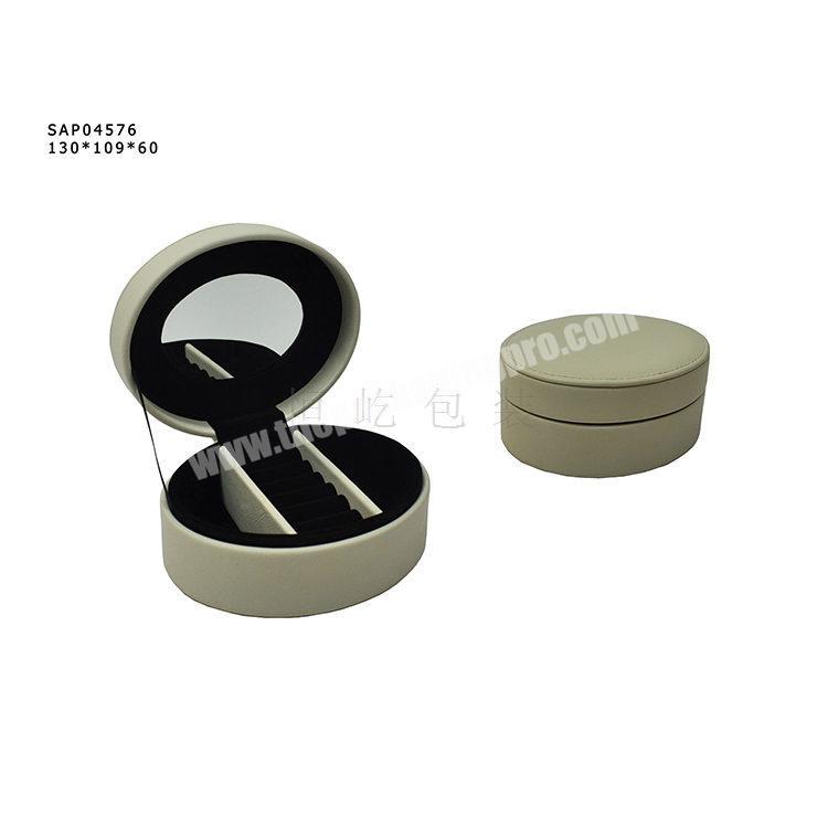 round PU leather jewelry box;white PU wooden elegant  jewelry storage case with mirror;Low MOQ jewelry box pu