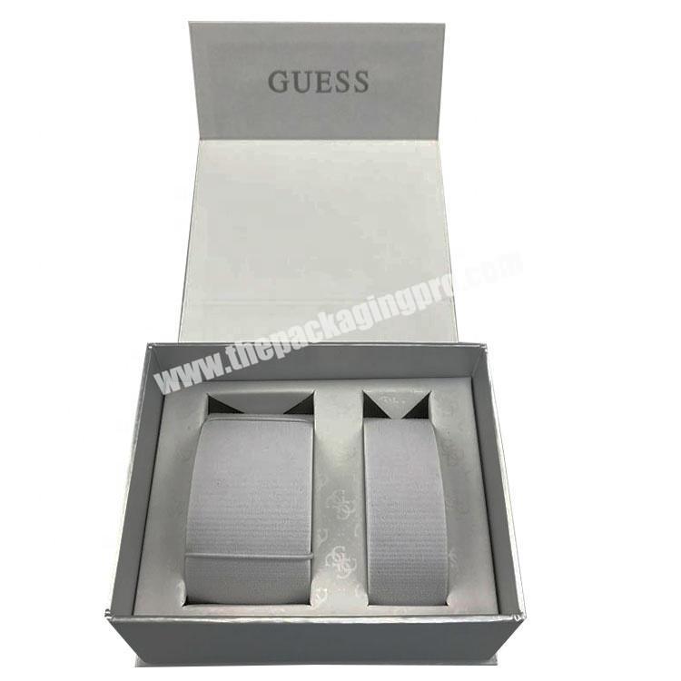 Shiny UV pattern magnetic clamshell double watch box with elastic band inlay